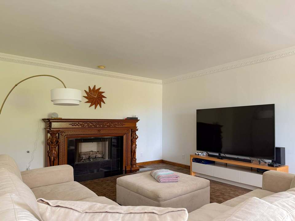 Living room with an arc floor lamp, carved fireplace and a 75-inch TV
